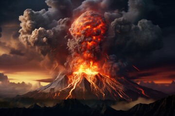 aerial view of volcano eruption with smoke and lava flowing. Natural disaster.
