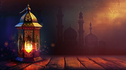 Ramadan Kareem greeting card with glowing Arabic lantern and candle at night with copy space