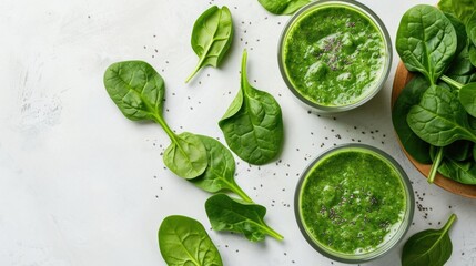 Green spinach smoothies in glass cups with fresh leaves.