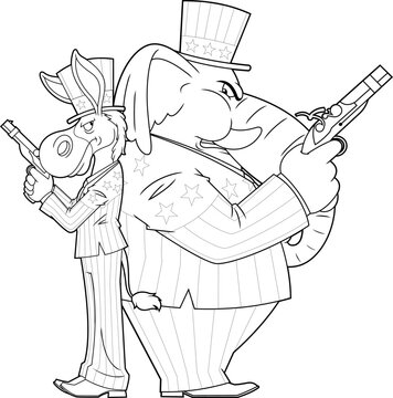 Outlined Democrat Donkey vs Republican Elephant Cartoon Characters Hold Pistols In A Duel. Vector Hand Drawn Illustration Isolated On Transparent Background
