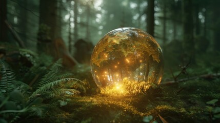 Mystical forest scene with glowing orb reflecting the earth.