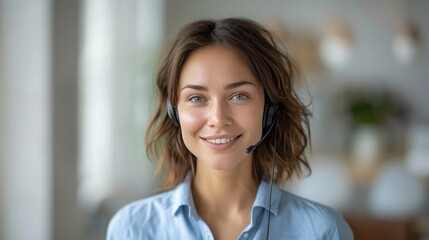 woman with headphones and microphone for teleservice or remote assistance