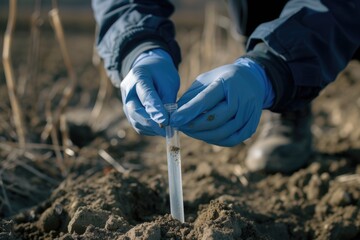 Environmental scientist collecting soil samples in a test tube. - obrazy, fototapety, plakaty