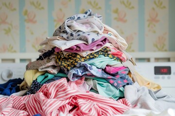pile of baby clothing sets on a laundry day backdrop