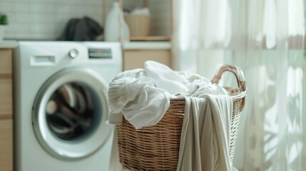 Fototapeta na wymiar Laundry basket with fresh white linens in a home setting.