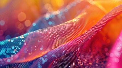 Abstract digital wave of particles on colorful background.