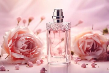 Obraz na płótnie Canvas Chic crystal bottle of cosmetic spray or women's perfume on a pink background with small flying buds of pink roses. place for text. View from above