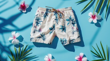Tropical print swim shorts with floral pattern on a blue background with pink flowers and palm leaves.
