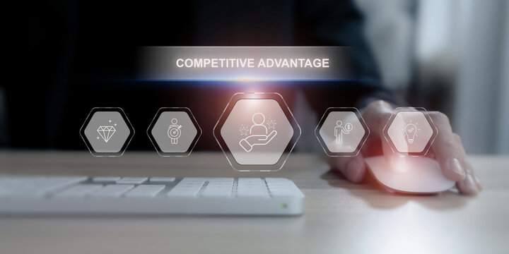 Competitive advantage concept.  Developing product, service or process that superior in terms of quality, cost, innovation  or efficiency. Attract customers, increase market share, success industry.