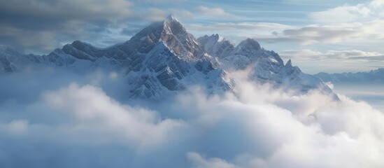 Majestic mountain range with dramatic clouds in the foreground under blue sky