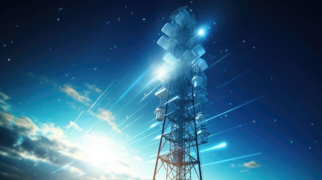 Close-up of a tall 5G antenna transmitting ultra-high frequency signals