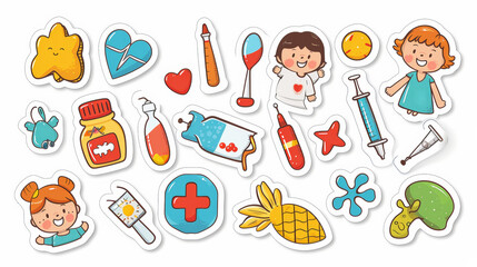 Set of fashionable children's stickers. Healthcare theme. Colorful funny labels after medical procedures. Generative AI