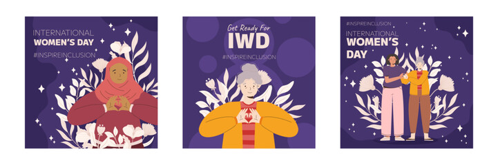 IWD Inspire Inclusion campaign, International Women's Day 2024 Square social media post template collection features a diversity of women making the heart gesture with their hands