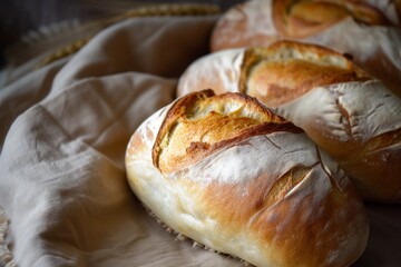 artisan bread loaves on a canvas bakers couche