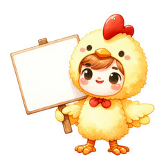 Watercolor cute kid in a chicken suit holding a blank sign. Children's recreational activity. Kid chicken costume clipart.