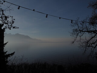 foggy ocean with silhouette branch trees and sky and mountain