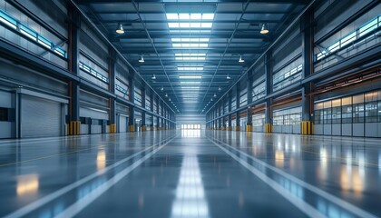 Fototapeta premium Modern Industrial Facility Design, the modern design elements of an industrial workshop building with an image featuring sleek architecture, high ceilings, ample natural light, AI 