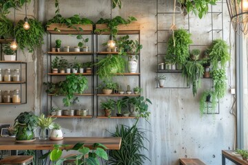 Lush green plants on wooden shelves against a concrete wall in a cozy cafe interior.