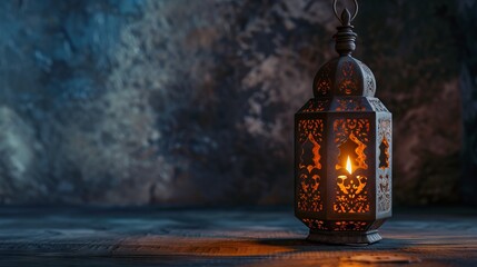 Ramadan Kareem greeting card with glowing Arabic lantern and candle at night with copy space