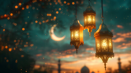 beautiful light green lanterns with a crescent moon and mosque in the background, copy space
