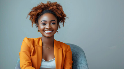 Happy young African American business woman sitting in a chair smiling. AI generative