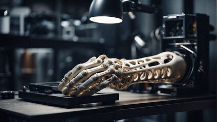 A prosthetic hand, 3D printed in a dark laboratory. A prototype of a human prosthetic leg made using a 3D printer. Modern nanotechnologies in the creation of prostheses. Bionic prosthetic hand