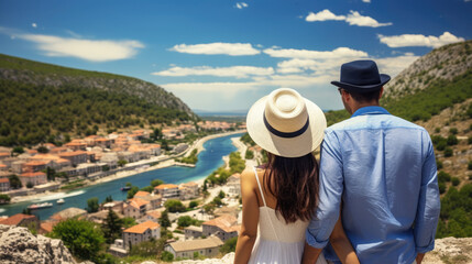 Fototapeta na wymiar Beautiful couple admiring scenery while visiting small southern European town