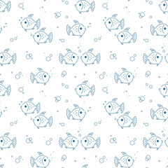 Cute Fish and Bubbles Seamless Pattern for Kids. Line Art Fishes. Sea Animals Vector illustration.