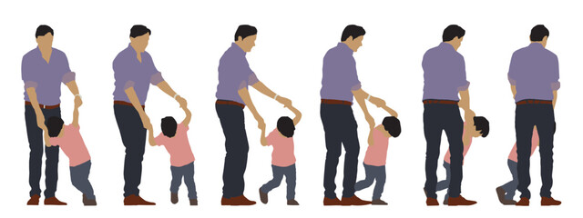 Vector concept conceptual silhouette of a father playing with his  son from different perspectives isolated on white background. A metaphor for parenting, fatherhood, childhood, family and love