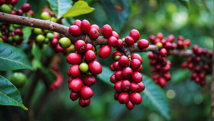 Coffee fields. The period of collecting coffee beans on a coffee plantation. Coffee harvesting, coffee growing. Close-up of a branch of coffee beans on a tree. Green and red ripe coffee berries - obrazy, fototapety, plakaty