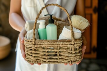 person holding basket with various spa products