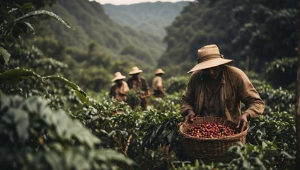 Deurstickers Harvesting coffee on plantation is fascinating process that involves selecting ripe beans, manual or mechanized processing, drying, fermentation. Workers select only best fruits to ensure high quality © Inna