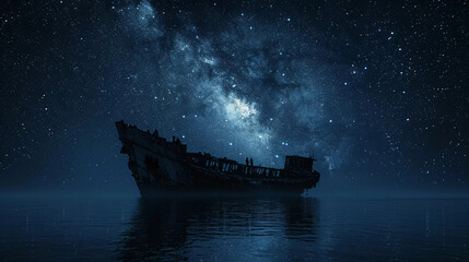 Nighttime ship sailing across the sea under the starry sky - obrazy, fototapety, plakaty