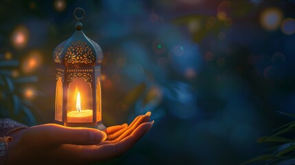Ramadan Kareem - traditional Arabic lantern with candlelight and sparkling background - celebration of Eid Ul Fitr - obrazy, fototapety, plakaty