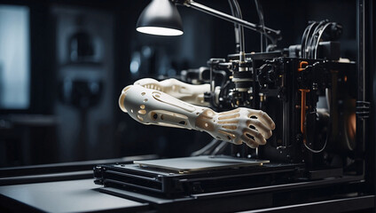 In shadows of lab, 3D printer produces prosthetic arm, symbol of technological innovation. State-of-the-art materialization of human prosthetic arm, highlighting transformative power of 3D printing - obrazy, fototapety, plakaty