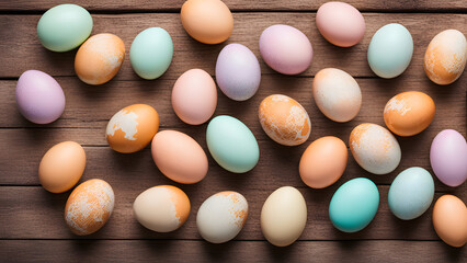 Spring Pastels: Beautiful Easter Eggs Nestled on Wooden Table