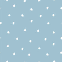 Star Seamless Cute White Blue Pattern. Vector Starry Sky Background. Festive Stars Wallpaper. Holiday and Birthday Party Design.
