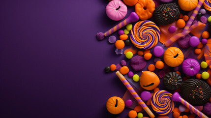 Halloween sweets on colored background, close-up