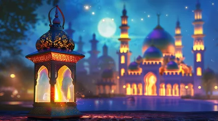 Foto op Plexiglas Ramadan Kareem greeting card with glowing Arabic lantern and candle at night with copy space © Ameer