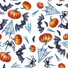 Halloween atmosphere. Spiders, pumpkins, cobwebs and bats. Seamless pattern. Watercolor drawing on a white background.
