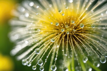 A vivid macro photograph of a dandelion seed head with glistening dew drops