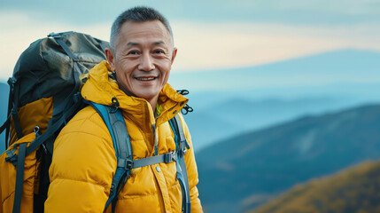 Old Asian man smiling while hiking on a mountain. Generative AI.