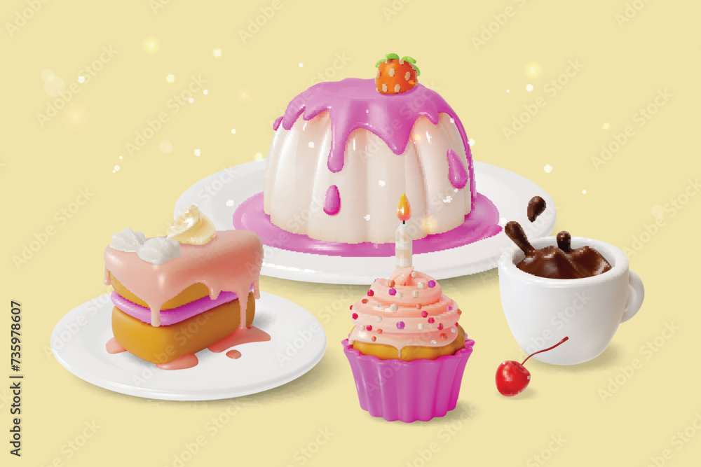 Canvas Prints 3d Patisserie Cakes Desserts and Coffee Concept Background Cartoon Style Panna Cotta, Piece Cake and Muffin. Vector illustration