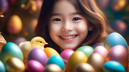Fototapeta na wymiar girl with easter eggs and chick AI generated Easter background Easter card