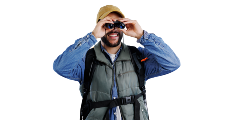 Hiking, smile and man with binocular search, travel or sightseeing on isolated, transparent or png background. Seeing, happy and camper with lens, magnifier or vision equipment on safari travel tour