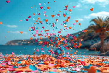 heart shaped confetti falling from a bright blue sky professional photography background