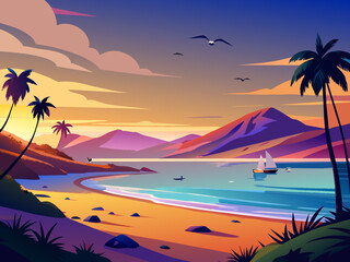 Fototapeta na wymiar A tranquil beach at sunset, with seagulls soaring overhead. vektor illustation