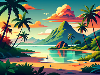 A lush tropical island paradise with palm trees swaying in the breeze. vektor illustation