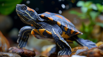 Colorful Hawksbills turtle standing on rocks in a watery environment, ai generated