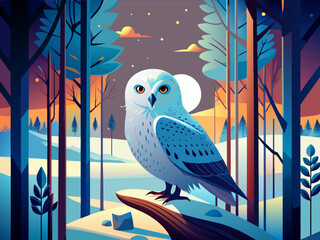 A majestic snowy owl perched on a tree branch in a winter forest. vektor illustation